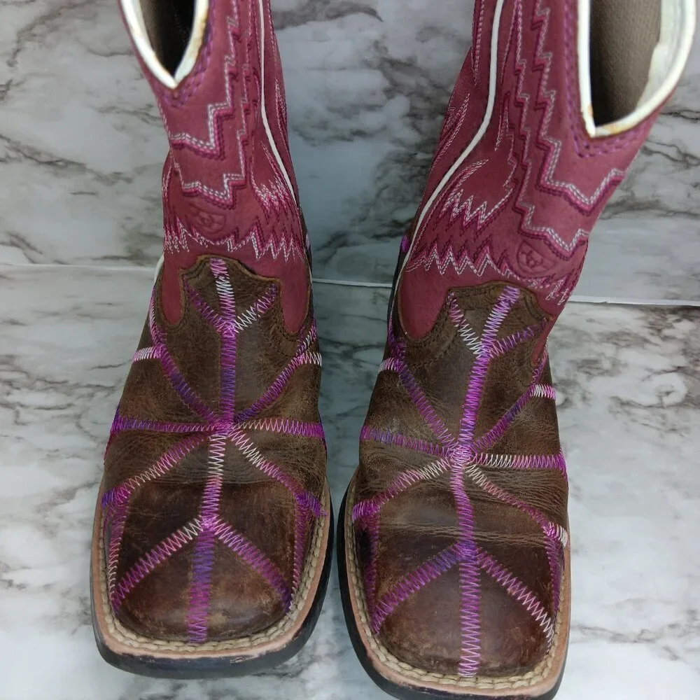ARIAT Girls Twisted Tycoon Western Boot Size 11 Square Toe Pink Brown Leather